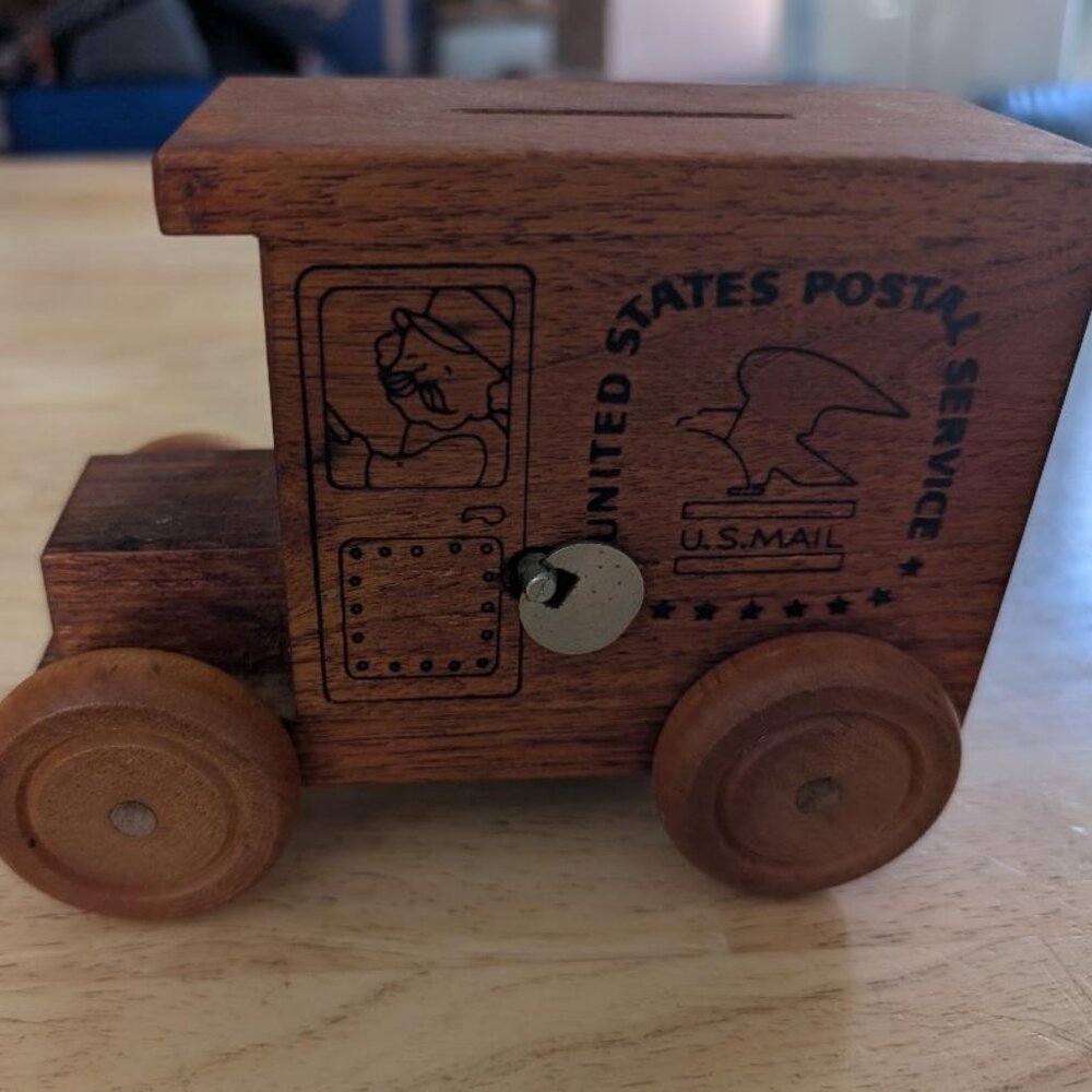 VINTAGE WOODEN USPS LLV TRUCK PIGGY BANK MUSIC BOX 1985